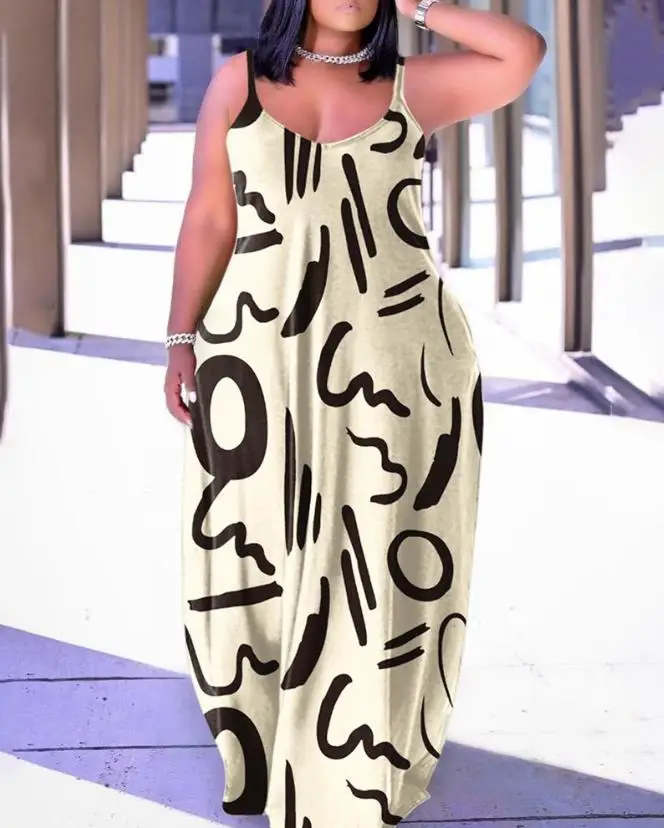 Plus Size Women's Dress 2024 Summer New Casual Abstract Random Print V-Neck Spaghetti Strap Oversized Straight Maxi Dress