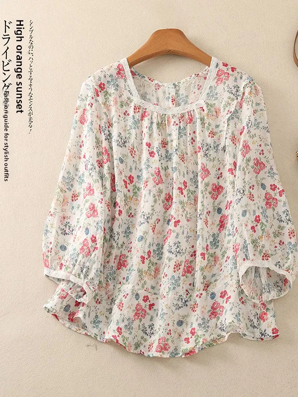 

Summer Fre Floral irt Large Size Women's Faionable Linen Top Seven-Sve Ba Button Square Collar Wistful Aosphere