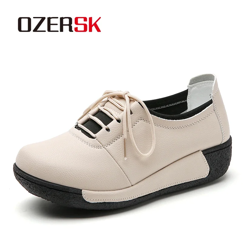 OZERSK Women's Casual Shoes Quality Cow Leather Lace Up Fashion Breathable Ladies Soft Wear-Resistant Platform Shoes Size 35-41