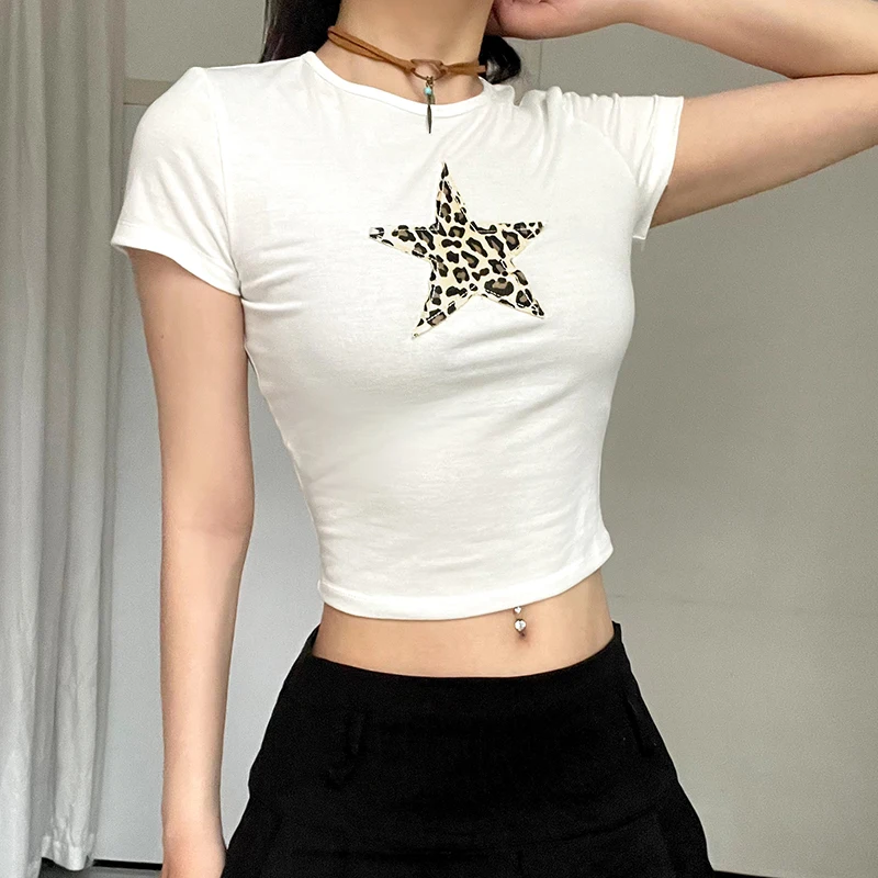 CIBBAR y2k Leopard Print Basic T-shirt Summer Streetwear Star-shape Stitching White Short Sleeve Cropped Top Summer Casual Tees