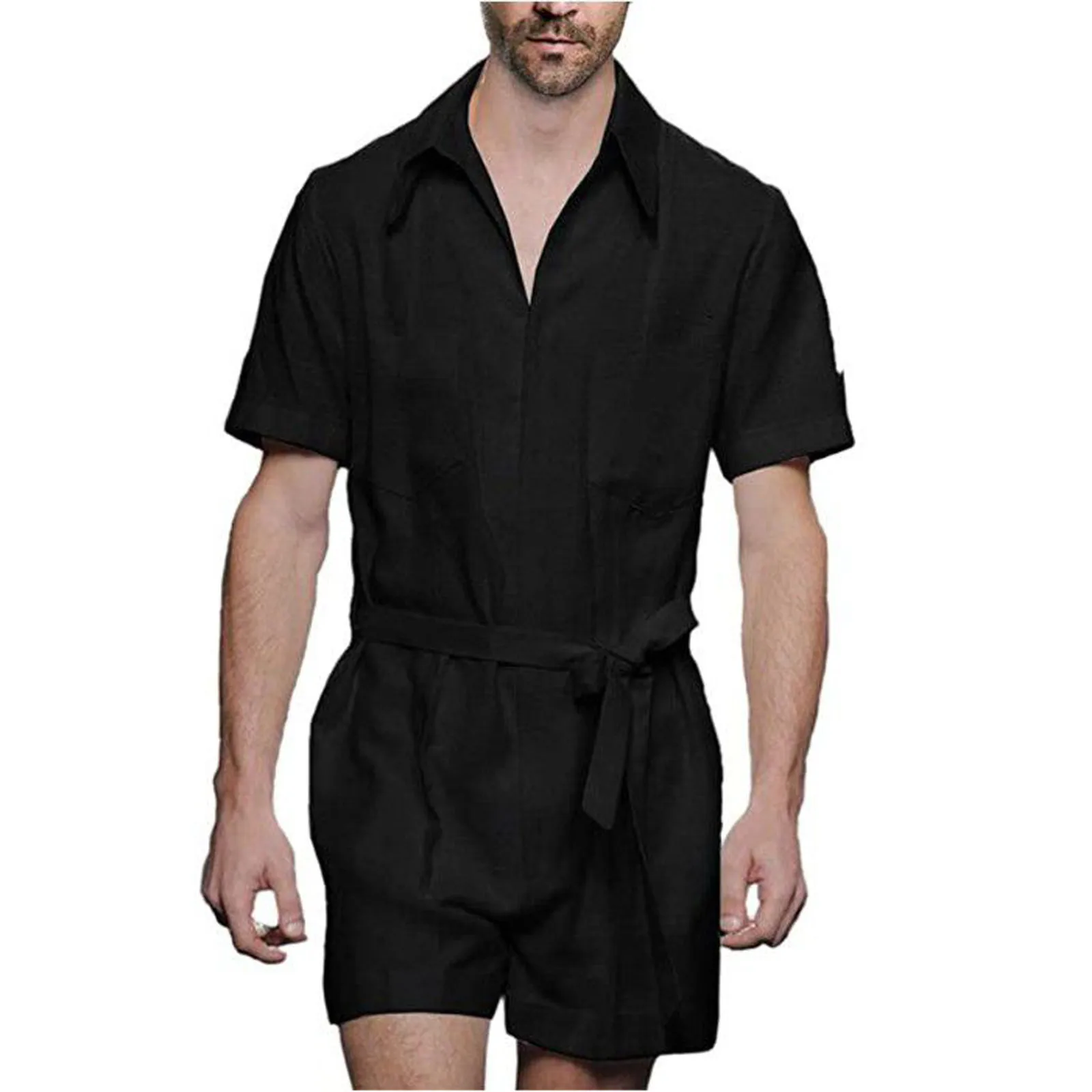 

Men'S Jumpsuit Black Short-Sleeved Lace-Up Jumpsuit Men'S Personality Wear Lapel Waist Jumpsuit Casual Party Eye-Catching