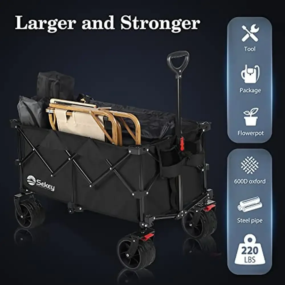 Collapsible Heavy Duty Utility Wagon with Big All-Terrain Wheels 330lbs Capacity Waterproof Oxford Fabric Two Cup Holders