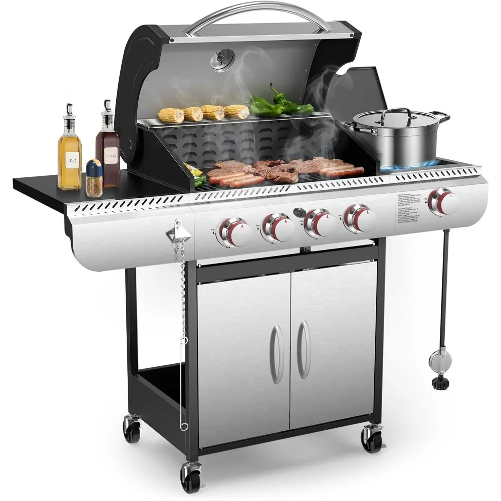 4-Burner Gas BBQ Grill with Side Burner, Porcelain-Enameled Cast Iron Grates, Baking Pan,Outdoor Cooking and Patio Barbecues