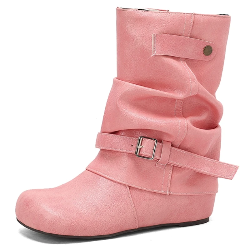 

Large Size 50 Women's Pink Ankle Boots Winter Autumn Shoes Pleated Blue Black Brown Short Boot Height Increasing Footwear Shoes