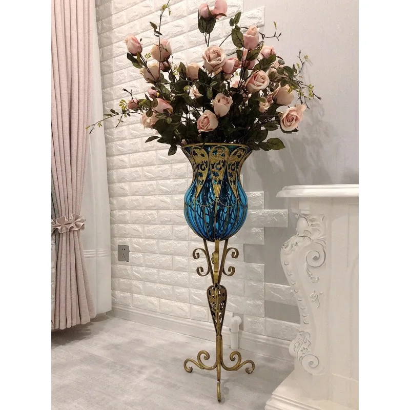 

Floor to floor large vase, light luxury, European style living room, glass decoration, American high-end flower arrangement, hig