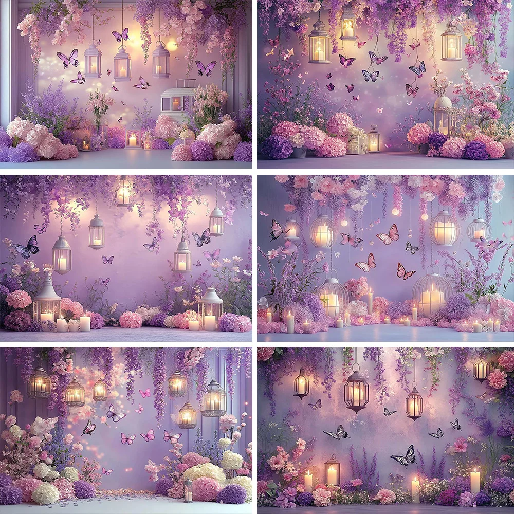 LS Butterfly Newborn Kids Birthday Backdrop Purple Flowers Children Cake Smash Backdrops for Photo Studio Decorations Props