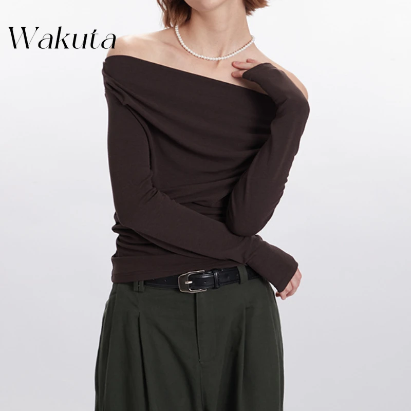 Wakuta American Retro 2025 Early Spring One Shoulder Swing Collar Long Sleeve Tees Irregular Short Style Spicy Girl Top 민소매 티 여성