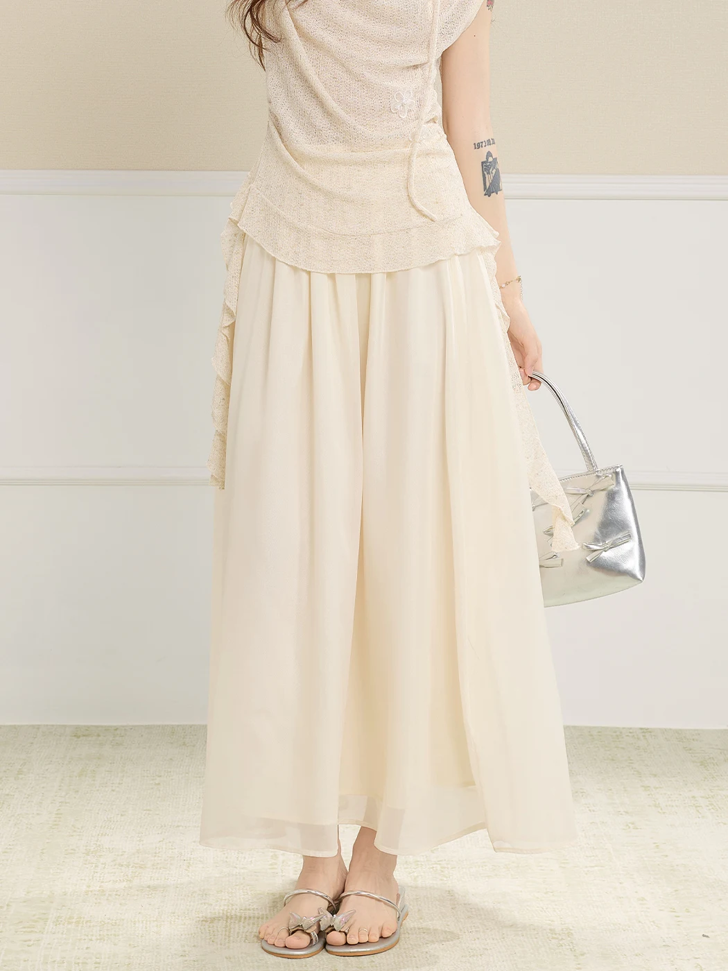 

Летняя женская юбка-миди Meng Xiaoqi с высокой талией, А-силуэт, сетчатая, элегантная, струящаяся, светло-бежевая, утягивающая фигуру