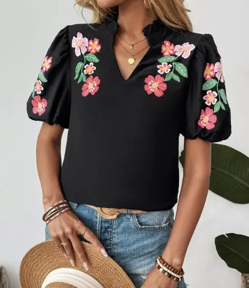 

2025 Summer Woman Fashion Short Sleeve Blouses New Hot Selling Women's Commuting Small Stand Collar Top Printed Hoodie T-Shirt