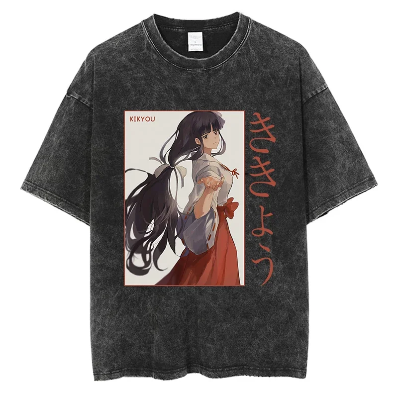 Classic Anime Kimono Girl Kikyou Print T Shirt Cotton Washed Vintage Oversized Loose Tees y2k Harajuku Men Women Casual T-shirt