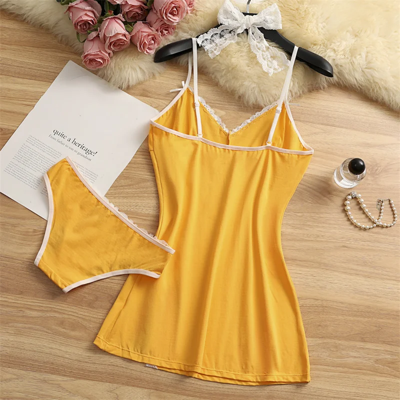 Женская пижама, хлопковая ночная рубашка на подтяжках, пижамный комплект из 2 предметов, милые кружевные ночные рубашки с бантом, летняя одежда для сна, пижамное платье с v-образным вырезом и разрезом