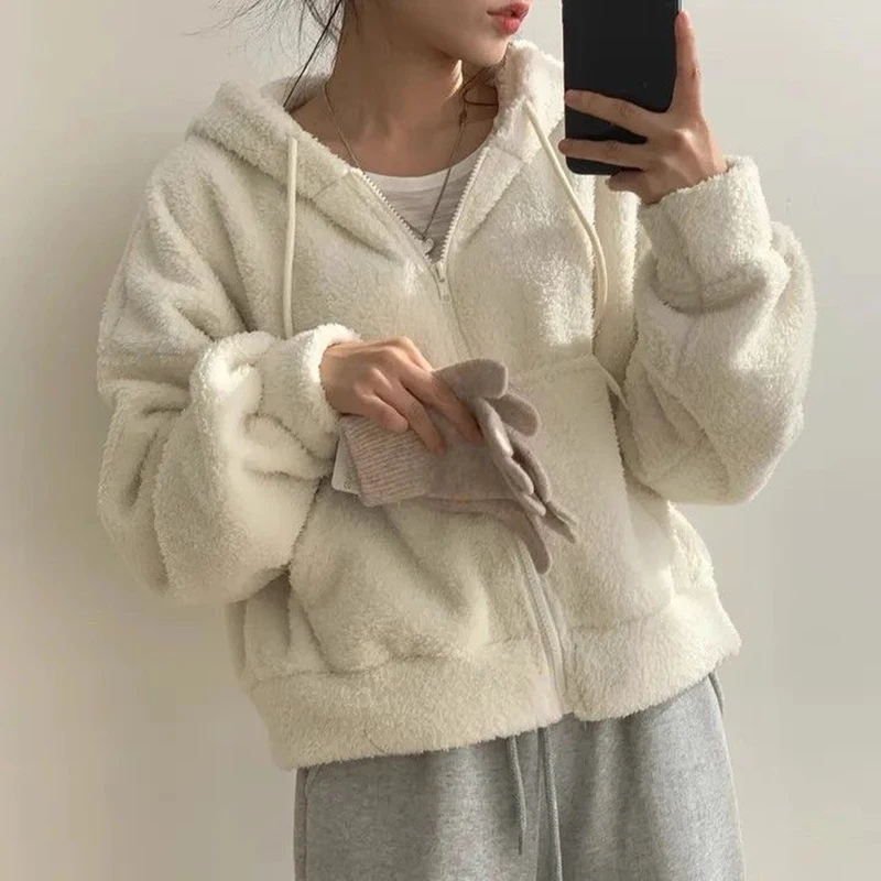 Rimocy Solid Color Cropped Teddy Jacket Women Autumn Winter Warm Hooded Fleece Coats Woman Zip Up Long Sleeve Casual Jackets