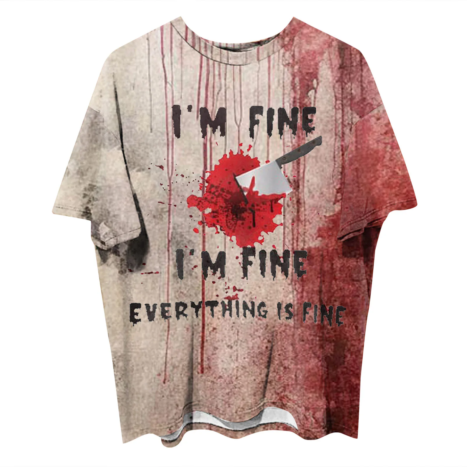 Halloween Women's clothing, Women's T-shirt Short Sleeved, I'm FINE letters, Blood stains, Blood stains, Round neck, Loose Summe