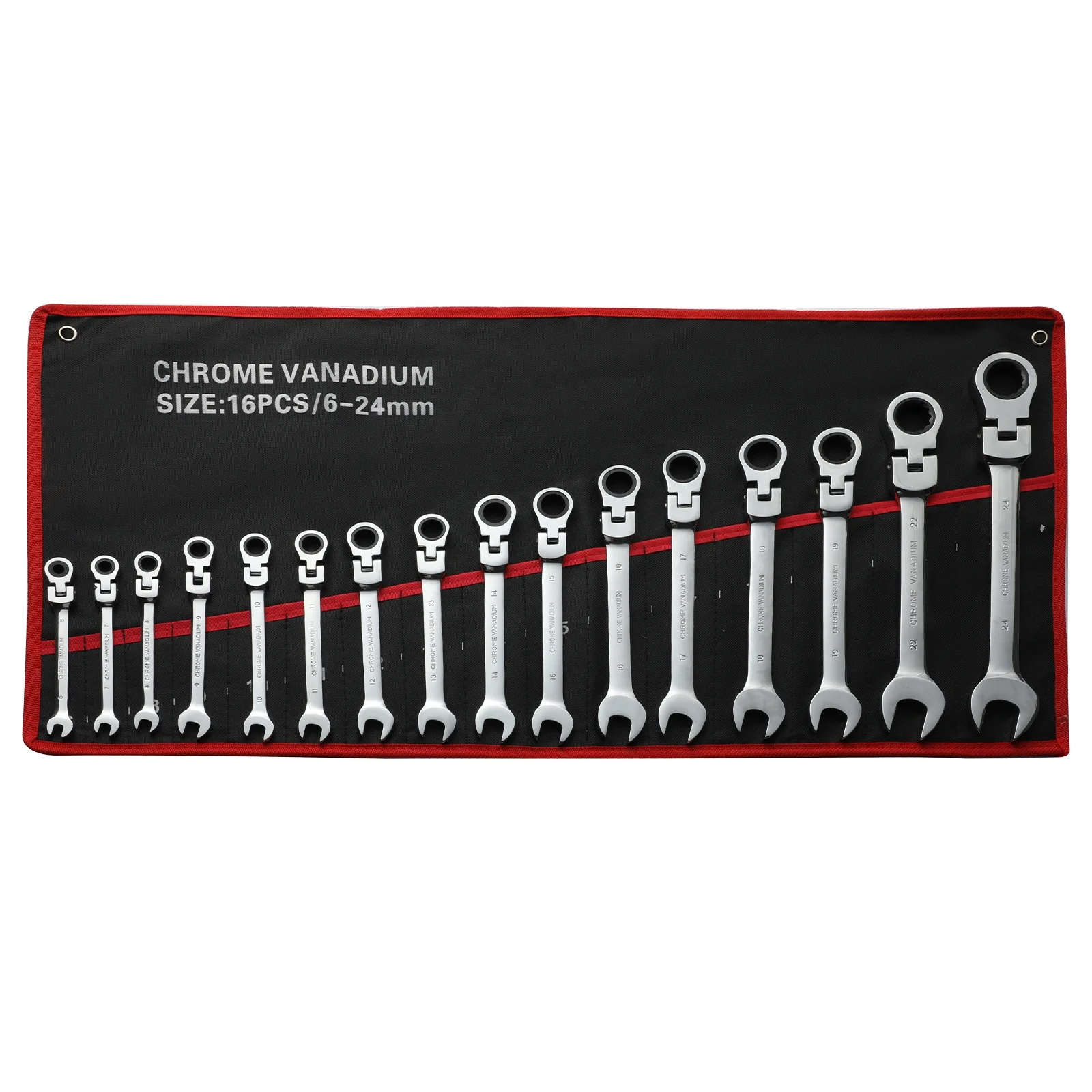16PCS Metric Flexible Ratchet Combination Wrench Set CR-V Steel 6-24mm Swivel Head Spanner Kit with Canvas Roll Bag