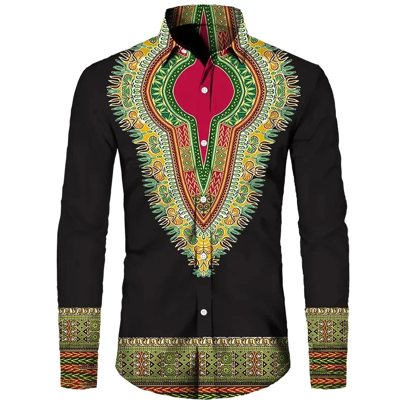 

Fashionable African tribal totem patterned men's long sleeved shirt with soft fabric, casual sunshine beach vacation men's shirt