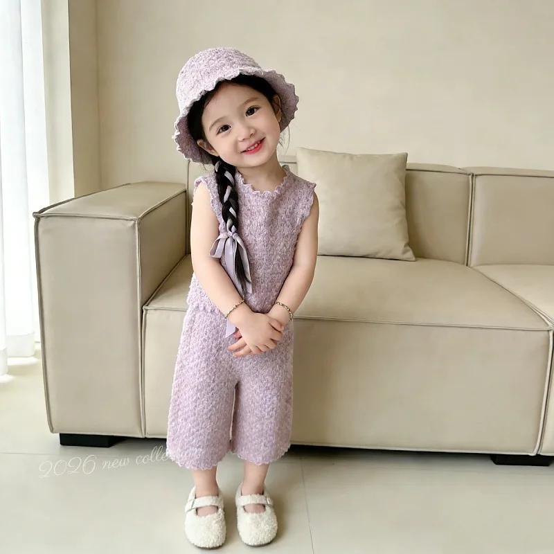 Korean Version Bow Purple Sleeveless Cropped Pants Set, New Breathable Summer Versatile for Baby Girls