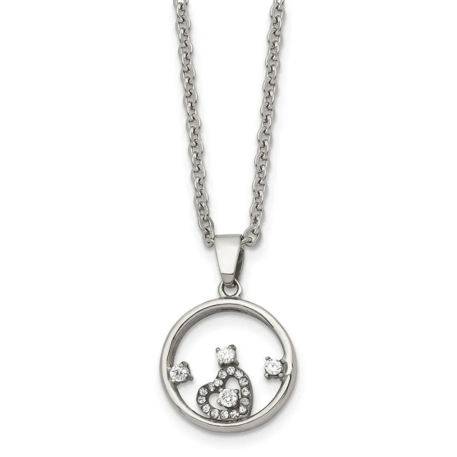 

Chisel Stainless Steel Polished Circle with CZ and Heart Pendant on an 18 inch Cable Chain Necklace