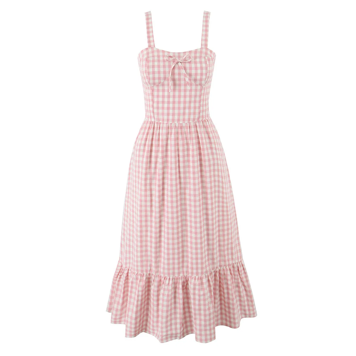 

Pink Plaid Lace-up Bow Suspender Dress Casual Beach Big Hem Holiday Dress Sleeveless Summer Retro Women's Vestidos 2025