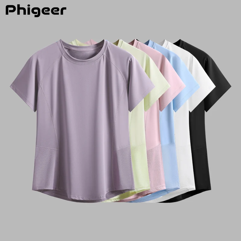 PHIGEER Women's Quick Dry Running T-Shirt Mesh Panel Breathable Quick-Drying T-Shirt Slimming Fit Yoga Outdoor Sports Gym Cheap