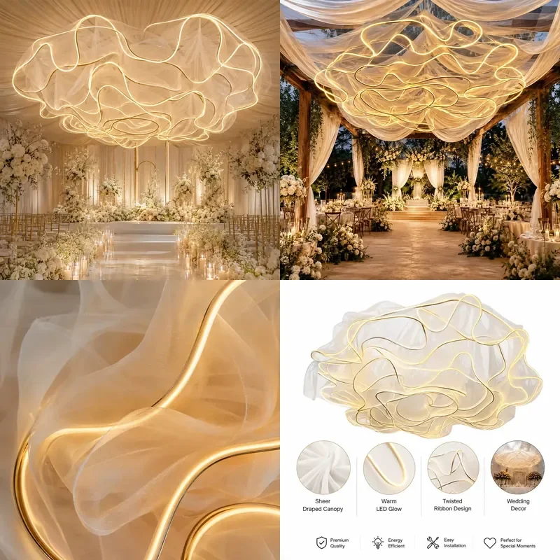 Cloud LED Ceiling Light with Transparent Cloth Cover Warm Chandelier for Wedding Decoration and Party Supplies