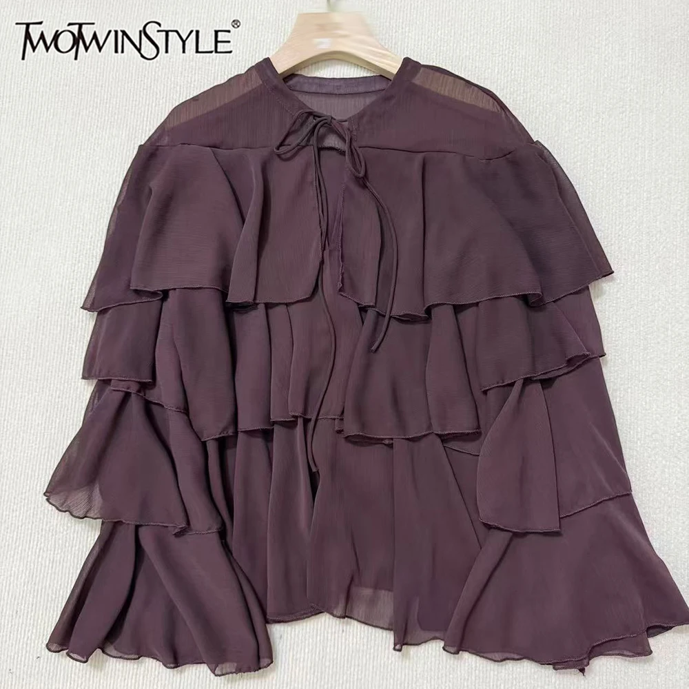 

TWOTWINSTYLE однотонные свободные складки элегантные блузки для женщин с круглым вырезом и длинными рукавами весенние повседневные рубашки женские KBL542542