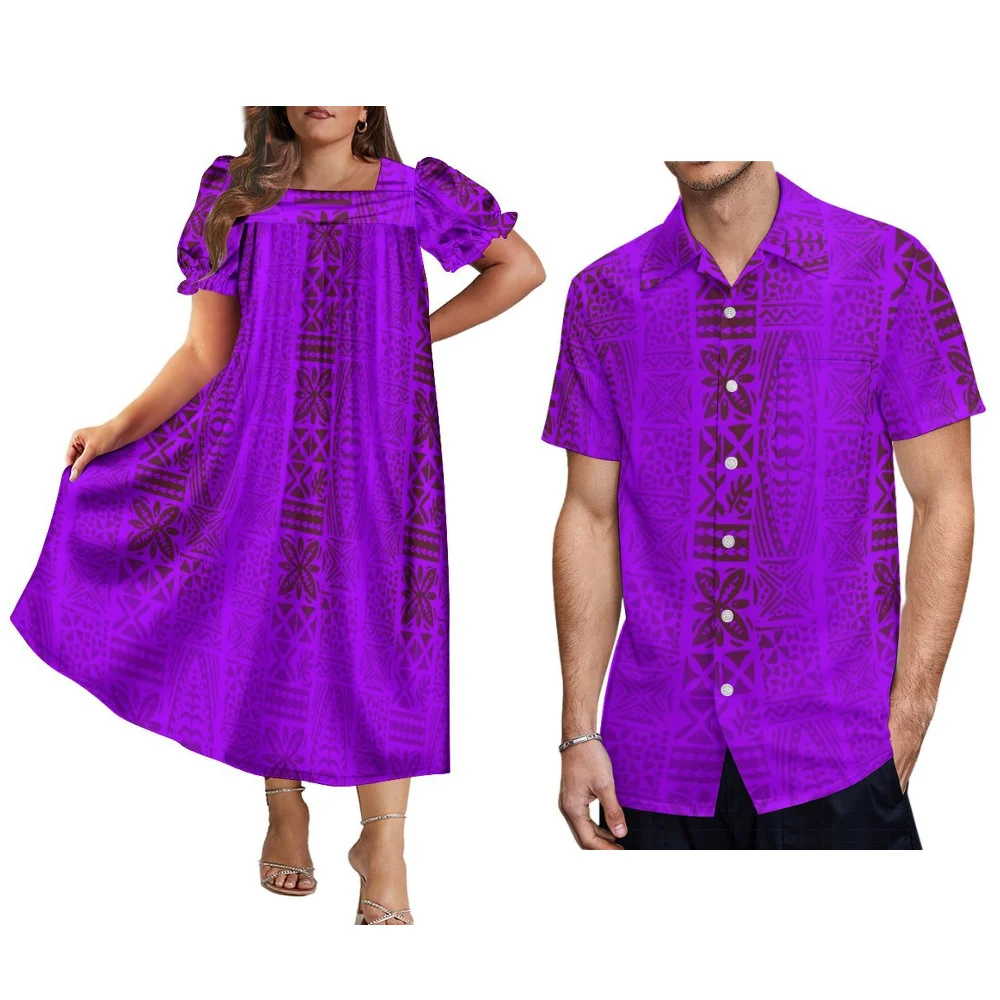 Polynesian Island Custom-Made Mumu Women'S Summer Square-Neck Dress With Soft Fabric And Men'S Aloha Shirt Couple Set