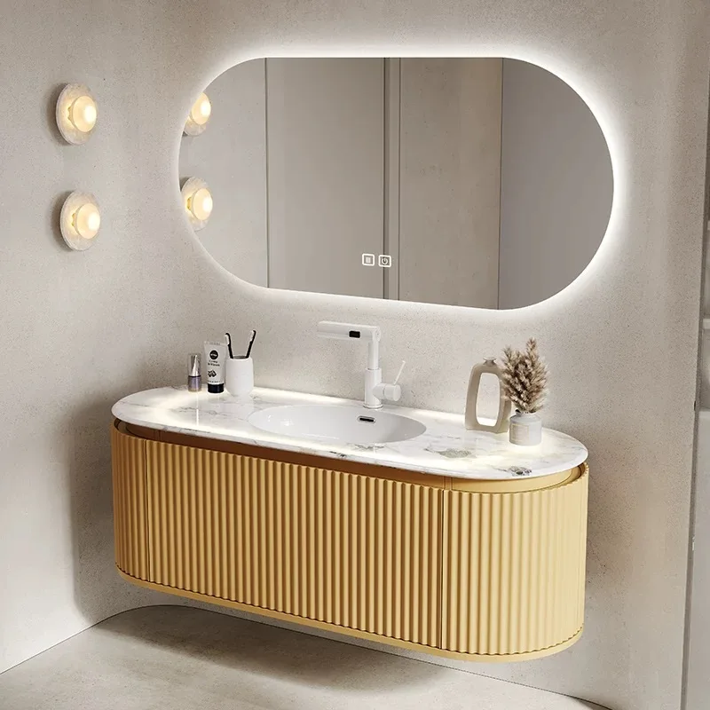Modern Luxury Flat Panel Design Wood Grain Cabinets Ceramic Basin Smart Copper Moisture Resistant Melamine Vanity Bathroom Set