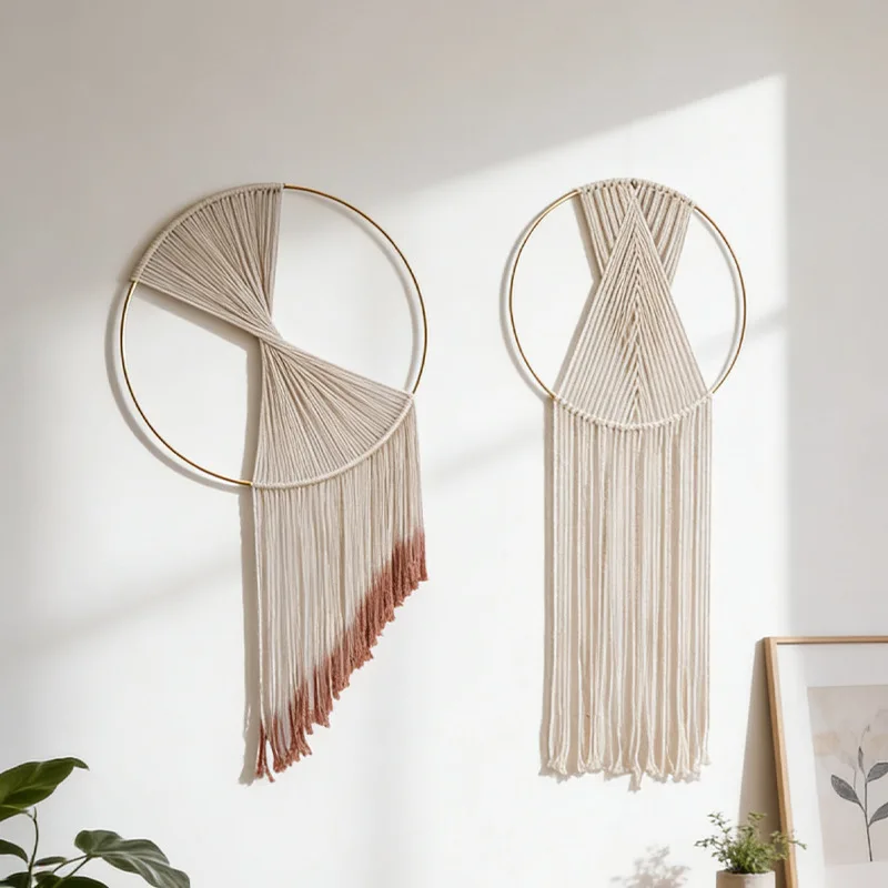 Hand Woven Circle Tassel Macrame Wall Hanging, Cotton Rope Bohemian Tapestry, Boho Wall Decor for Living Room Bedroom Homestay