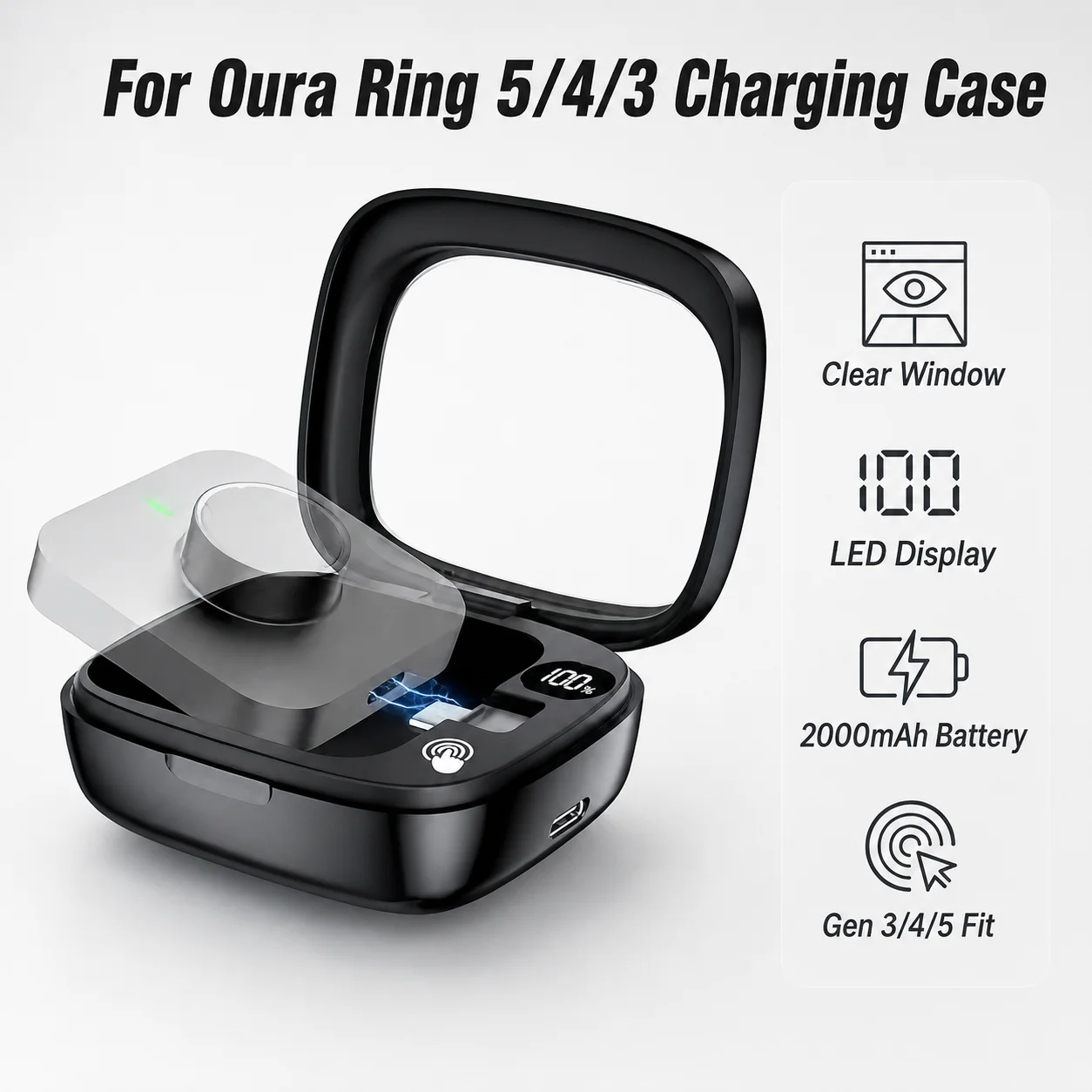 For Oura Ring 5/4/3 Smart Ring Charging Case 2000mAh Transparent Window Portable Outdoor Charger Storage Case