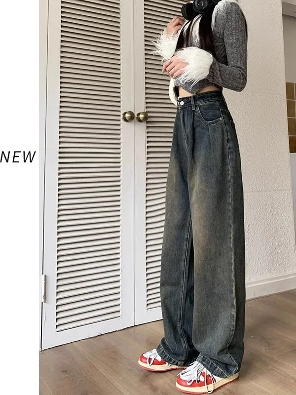 

Джинсы с прямыми штанинами в стиле ретро, женские свободные брюки с высокой талией и широкими штанинами, осенние новые утягивающие повседневные джинсы больших размеров