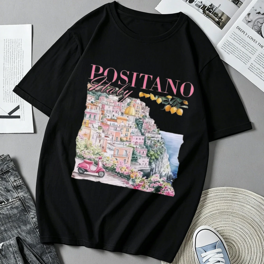 Positano Italy Coastal Town T Shirt Men Women Vintage Amalfi Coast Landscape Graphic Tee Casual Short Sleeve Tops Italian Travel