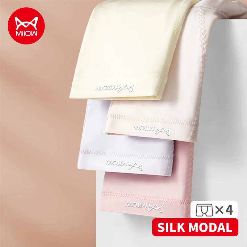 MiiOW 4Pcs Solid Color High Waist Women's Silky Modal Panties Female Briefs Comfortable Breathable Women's Triangle Underpants