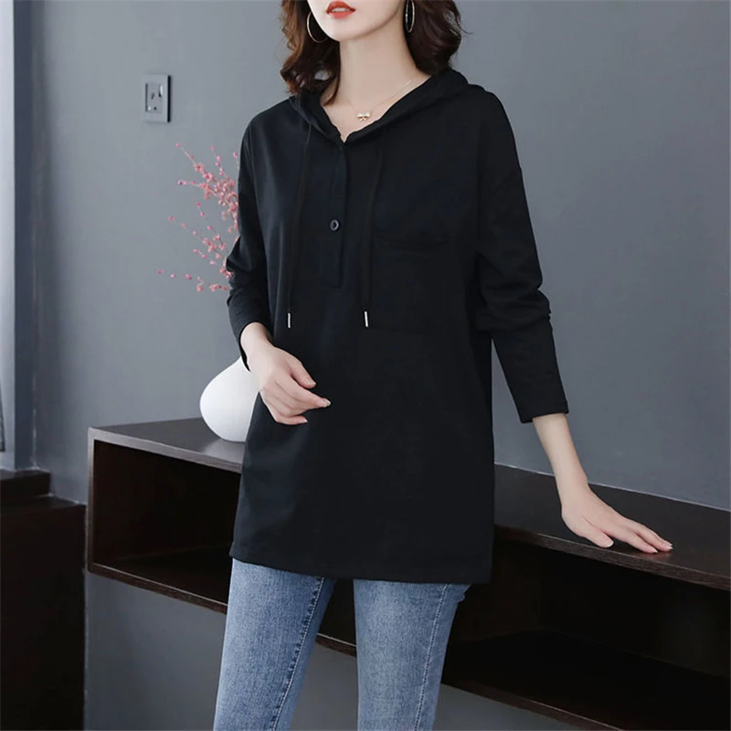 Women Korean Fashion Long Sleeve Hooded Sweatshirts Female Casual Loose Pullover Tops Solid Elegant Hoodies Autumn Winter Ropa