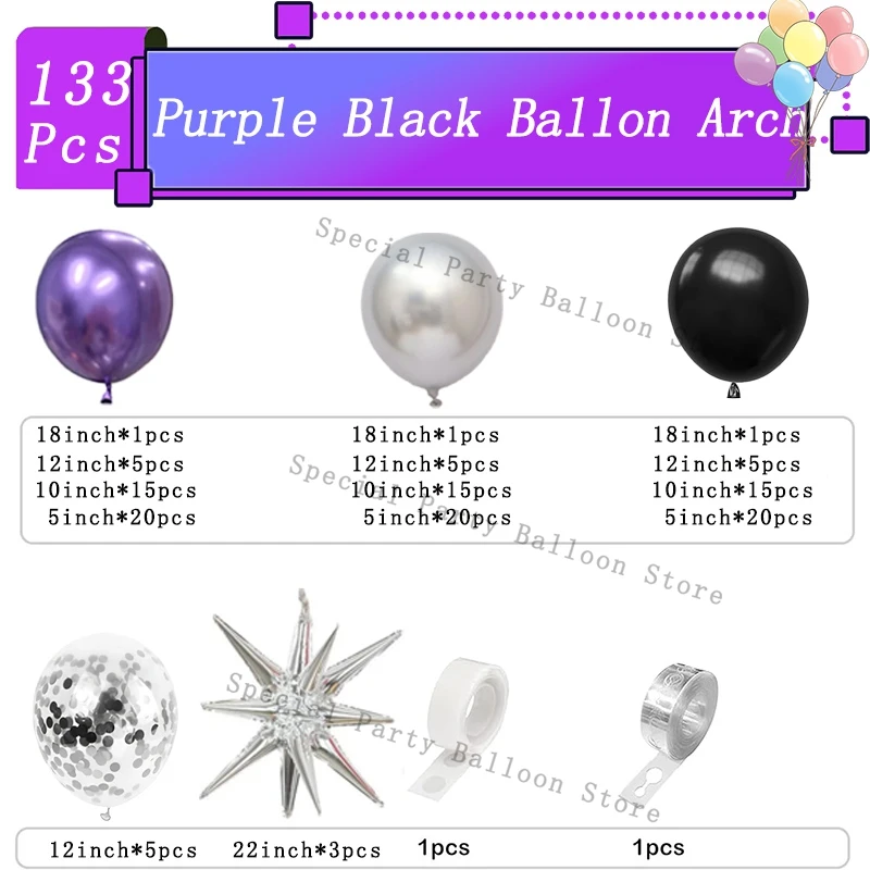 Black Purple Silver Balloon Garland Arch Kit Latex Confetti Balloon Happy Birthday Party Decor Wedding Anniversary Baby Shower