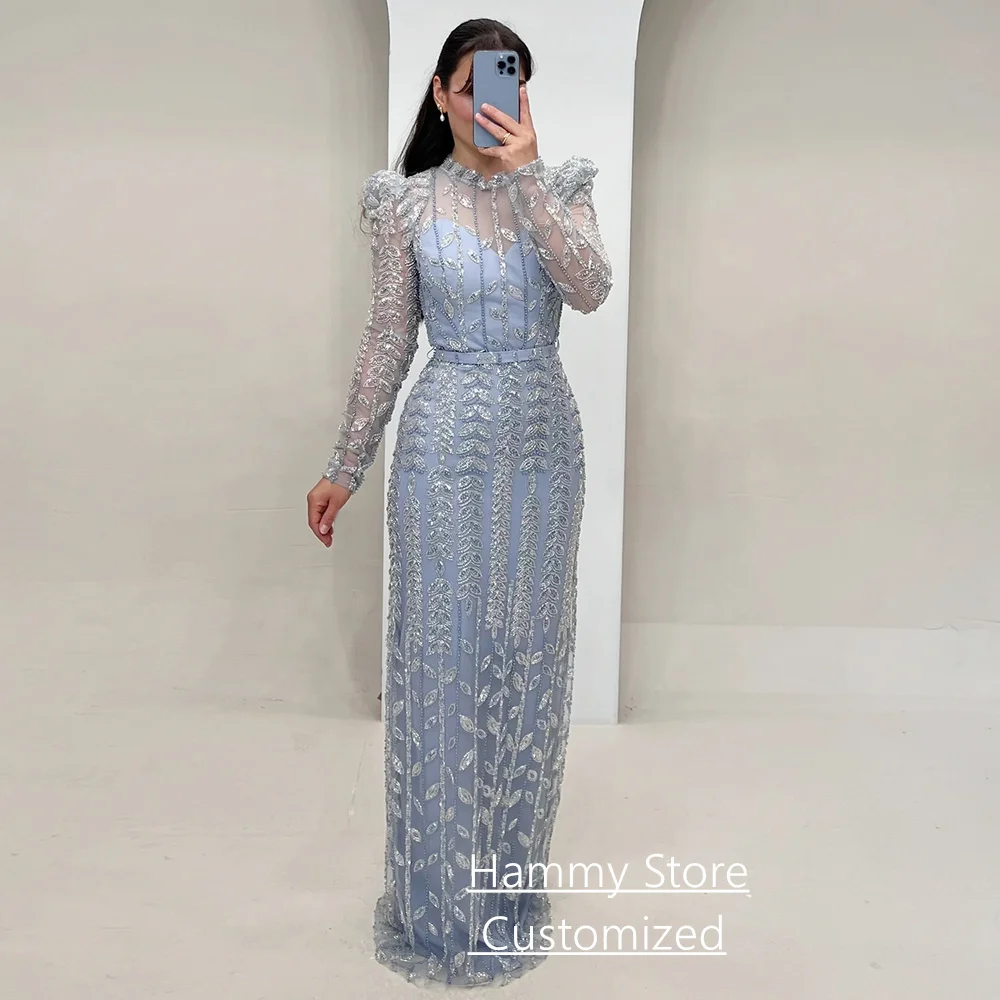 Funkelndes Abendkleid, maßgeschneidert, Stehkragen, volle Ärmel, Pailletten, Spitze, gerade, arabisches Partykleid, formelle Ballkleider