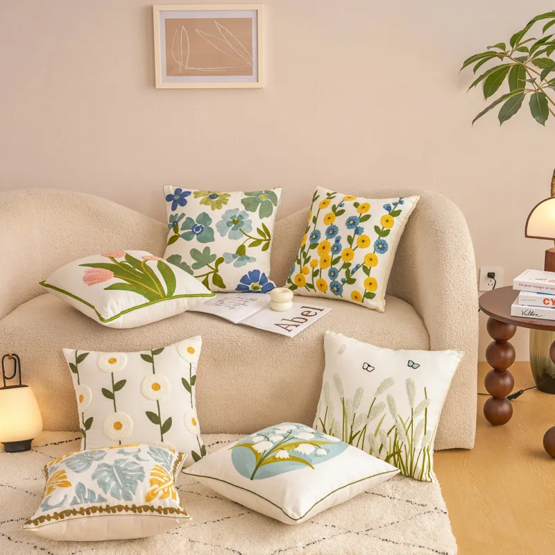 Embroidered Cotton Flower Cushion Cover For Home Sofa Bed Throw Pillowcase Living Room Decorative
