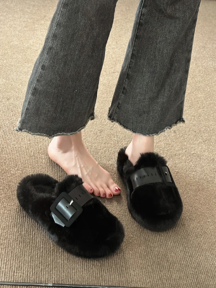 Slippers Casual Flock Med Shoes Platform Fur Flip Flops Cover Toe Slipers Women Slides Luxury Plush Flat 2024 Rubber  with fur F