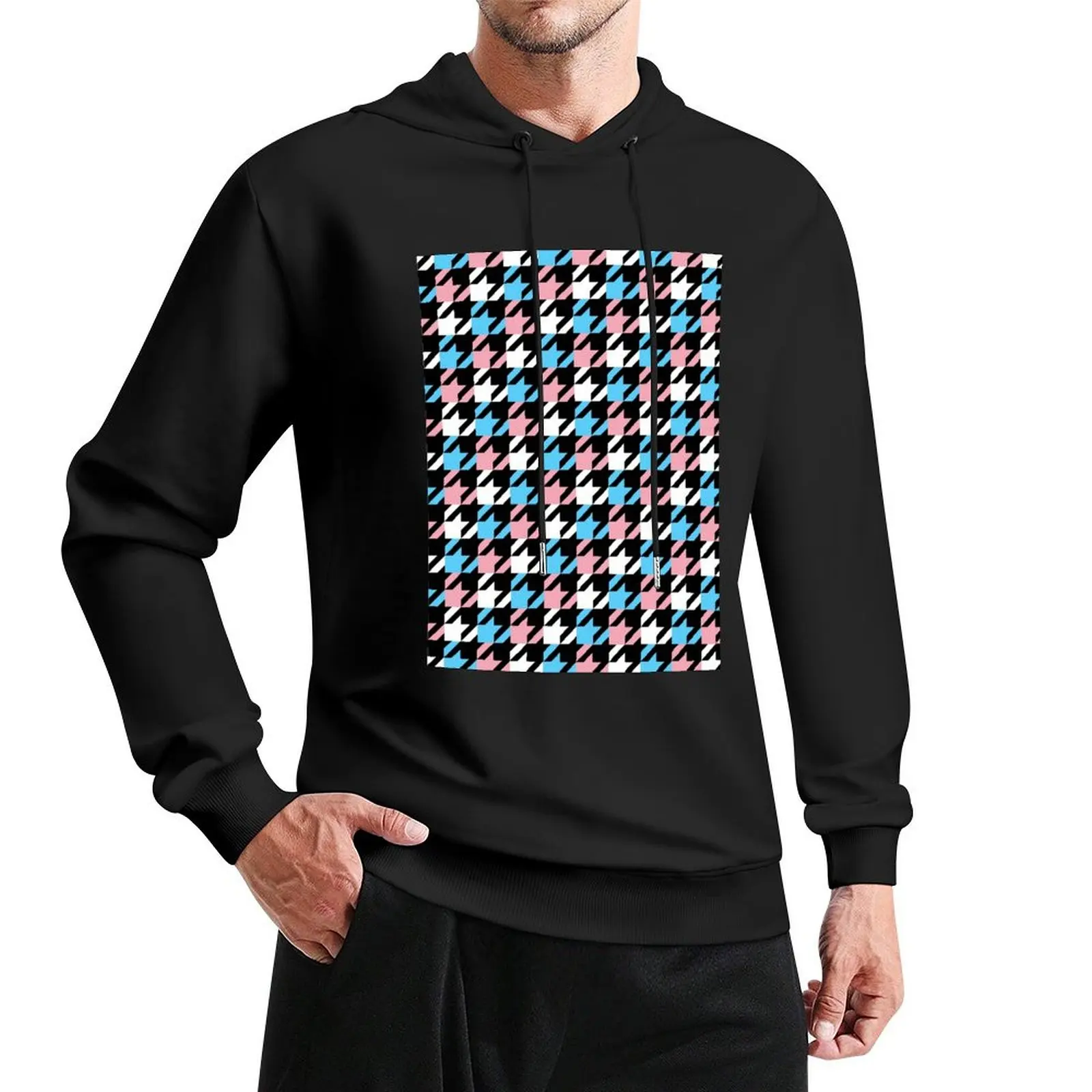 Trans Flag Houndstooth Plaid Pullover Hoodie japanese style mens clothing pullover hoodies