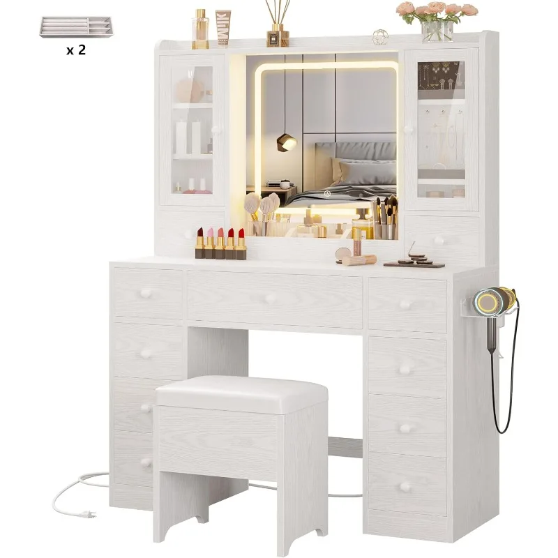 Vanity Desk with LED Lights Mirror and Charging Station, Makeup Vanity Table with Jewelry Armoire, Storage Bench, and 11