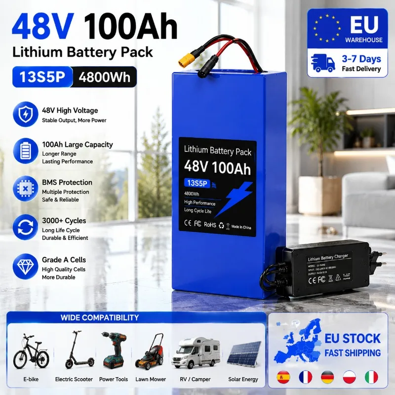 Image of 48V 10000mAh E-Bike Lithium-Akku 13S5P 18650 Zellen-Akkupack mit BMS Wiederaufladbare Stromversorgung für Elektrofahrrad Roller 500W 750W 1000W EU-Lager