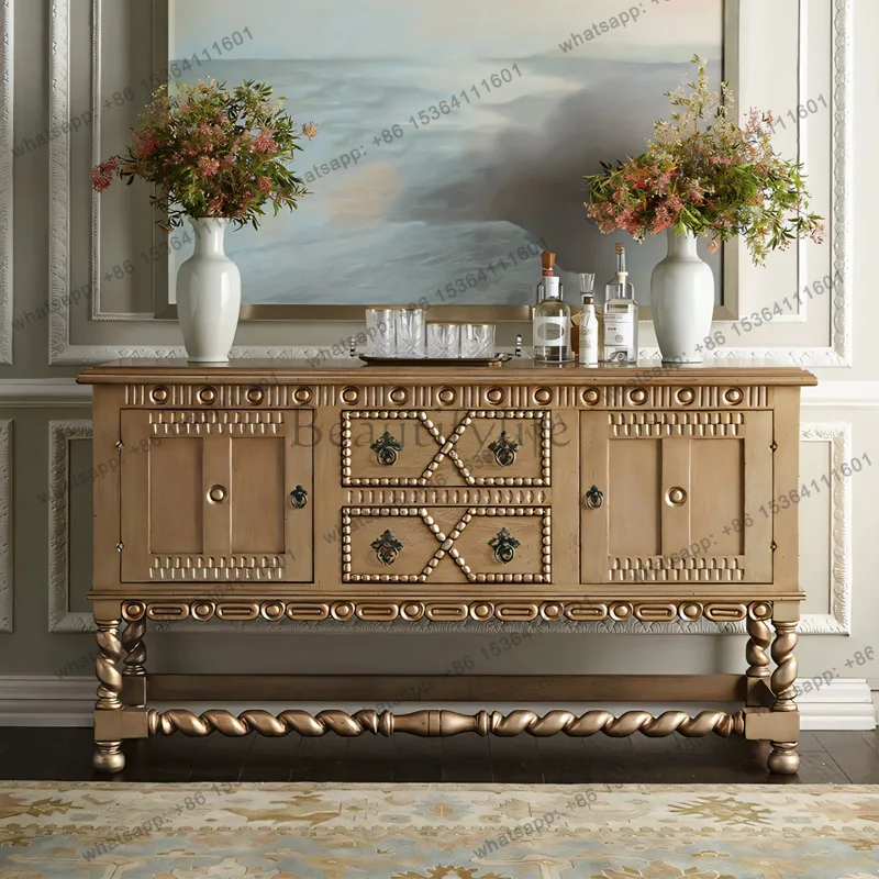 

French retro solid wood dining side cabinet, simple medium and ancient style old carved storage cabinet