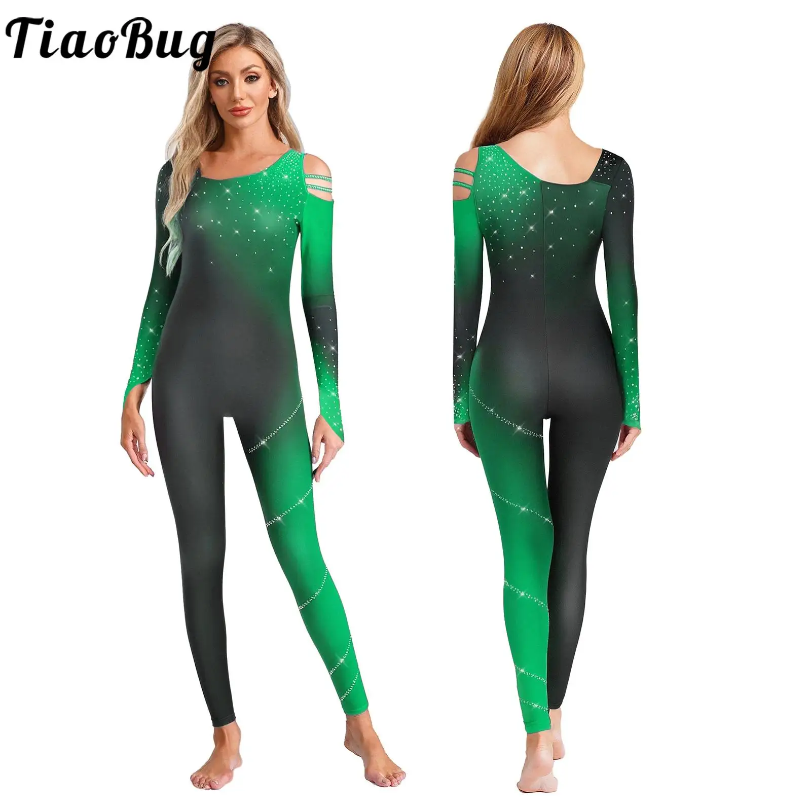 

Women Rhinestones Rhythmic Gymnastic Jumpsuits Long Sleeves Leotards One Piece Ballet Tights Skating Full Body Suit Dancewear
