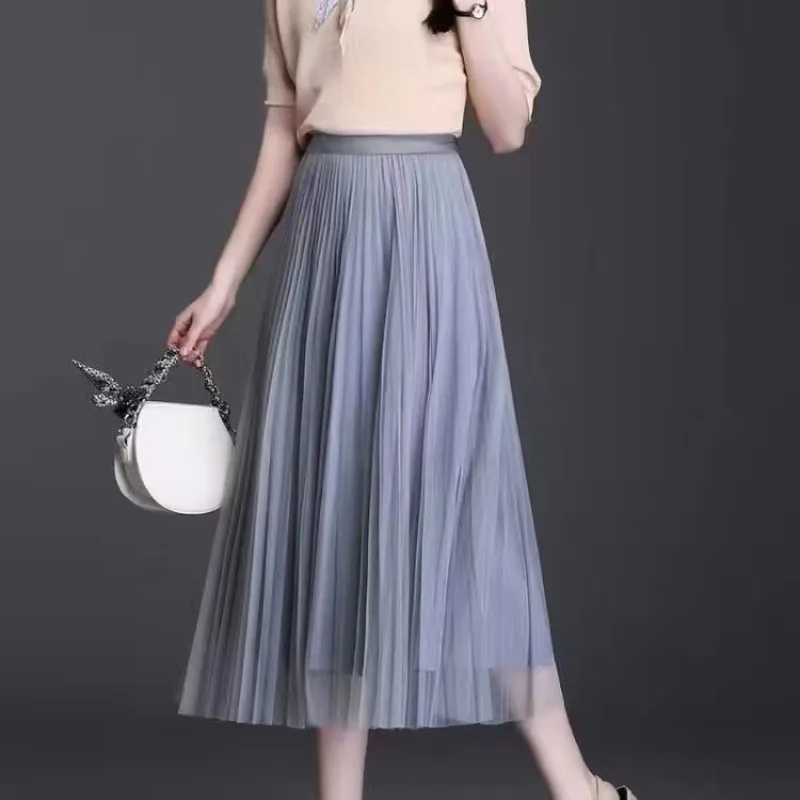 Falda Midi Plisada Reversible de Malla para Mujer, Cintura Alta, Corte en A, Ajustada, Primavera Verano