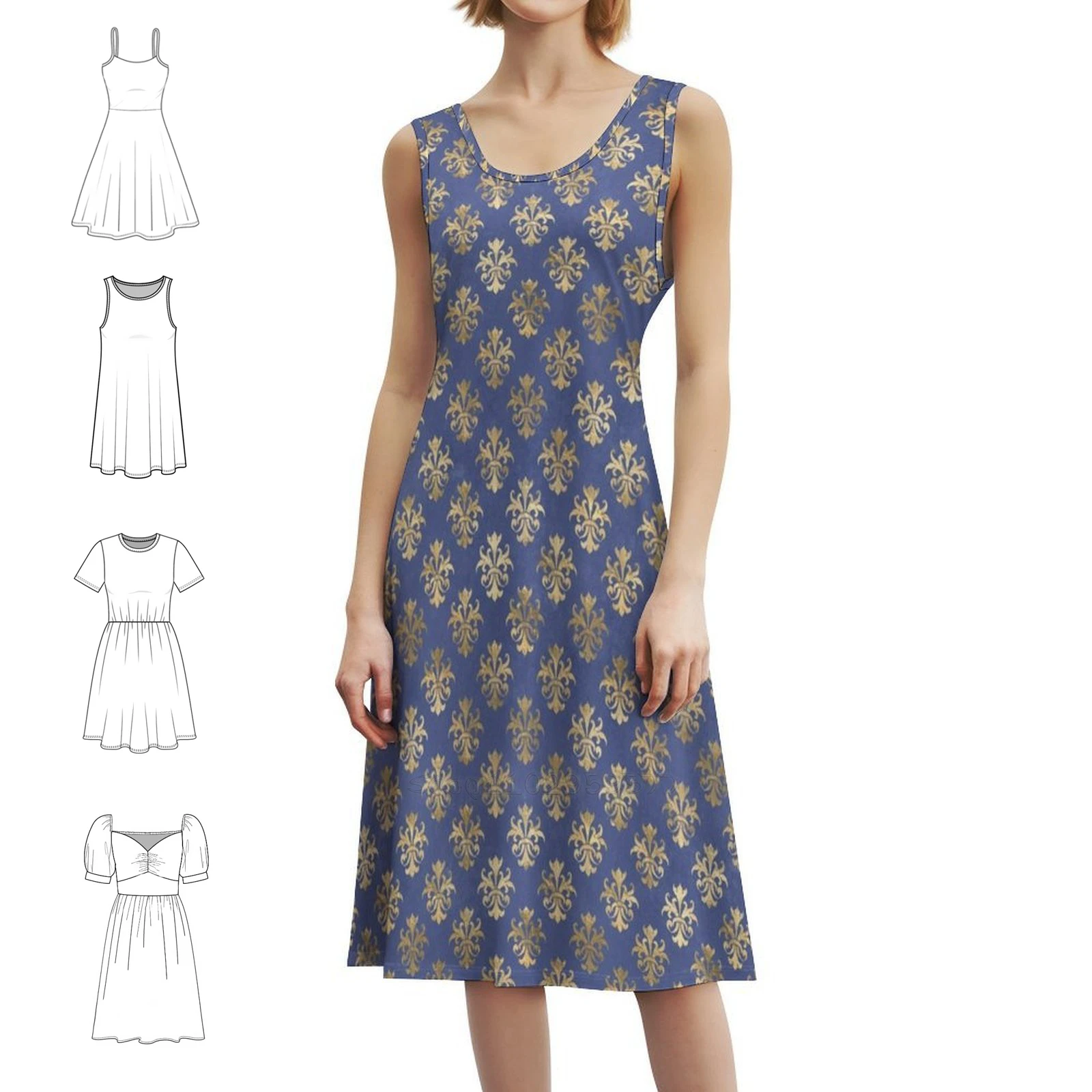 

Изысканное дамасское золото на синем, фиолетовом и лиловым дизайном, винтажное богемное платье с пышными рукавами или варианты без рукавов для женского платья