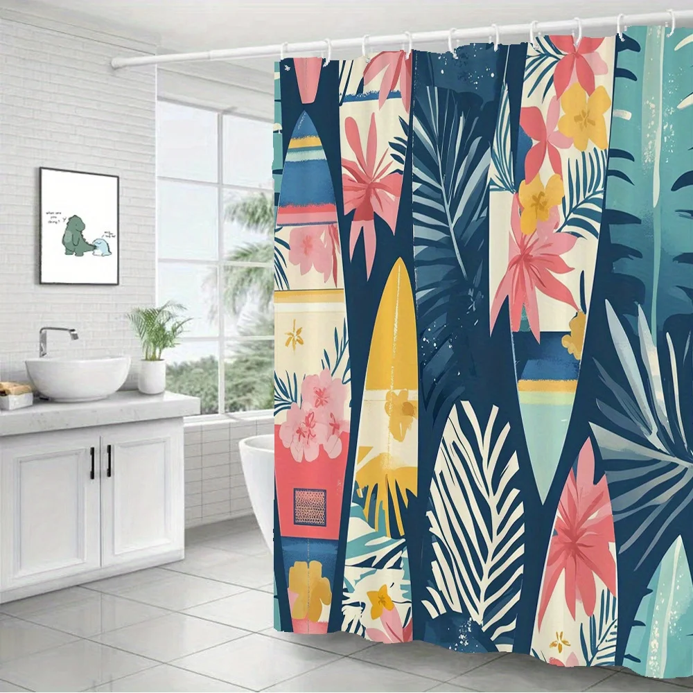 Summer Beach Surfboard Shower Curtain Polyester Digital Printing Colorful Decorated Surfboards Mixed With Tropical