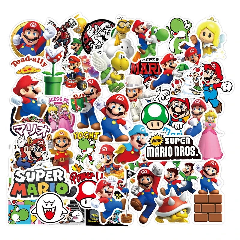 50Pcs Super Mario Stickers Mario Bros Luigi Yoshi Graffiti Waterproof Sticker Toys for Kids on Laptop Skateboard Suitcase Bike