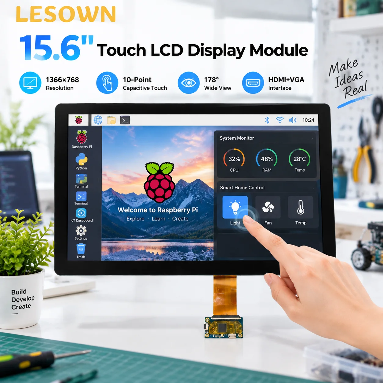 LESOWN 15.6" 1366x768 Capacitive Touch Screen Configuration Zero Setup HDTV VGA Sub Monitor Kit for Computer Secondary DIY