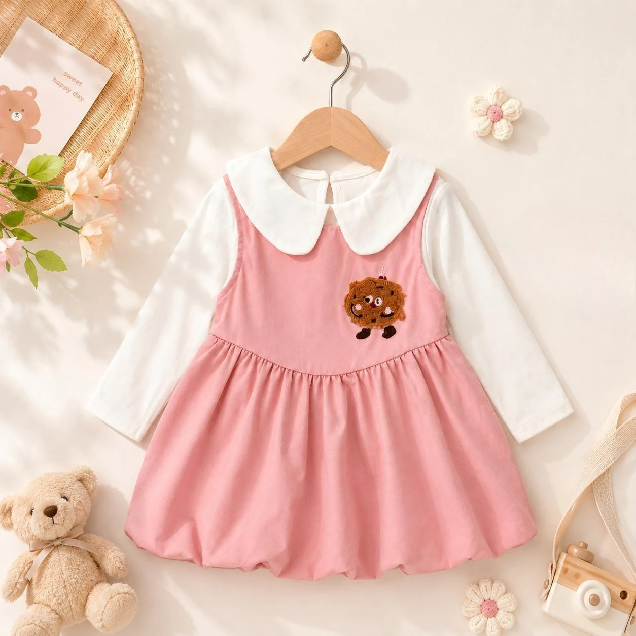 Baby Girl Spring and Autumn Cute Biscuit Embroidered Doll Collar Fake Two Piece Long Sleeved Color Blocked Dress
