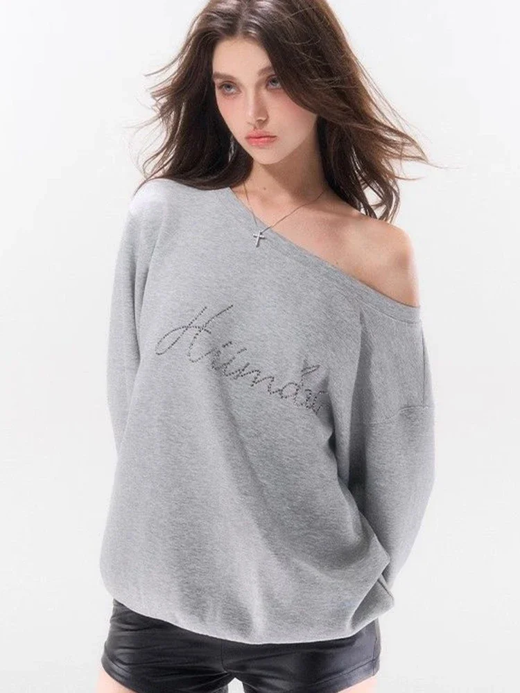 

Y2K Vintage Off Shoulder Sweatshirts Women Letter Diamonds Gray Pullover Hoodie Streetwear Loose Long Sleeve Lady American Tops