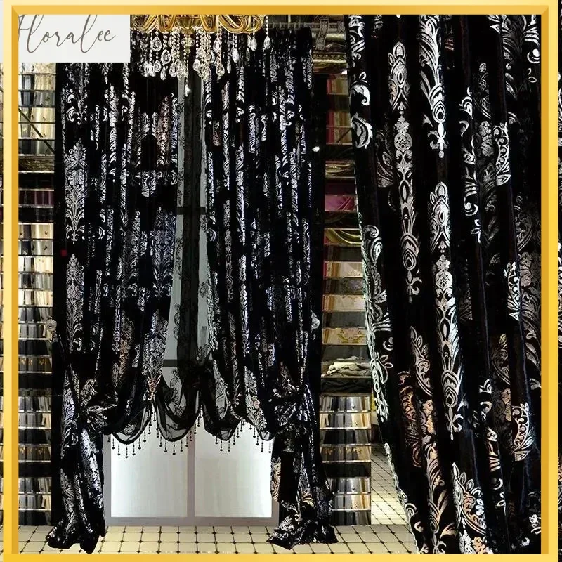 黒とシルバーのヨーロッパスタイルの刺繍遮光高級チュールカーテンリビングルームベッドルームヴィラハイエンドカスタマイズ